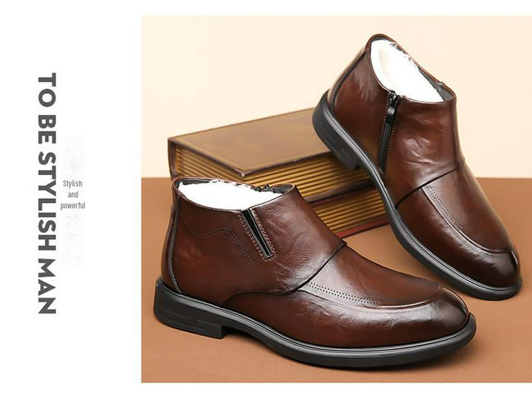 Men's Winter Formal Cotton-Leather High Top Shoes with Zipper - Warm, Non-Slip, and Business Casual.