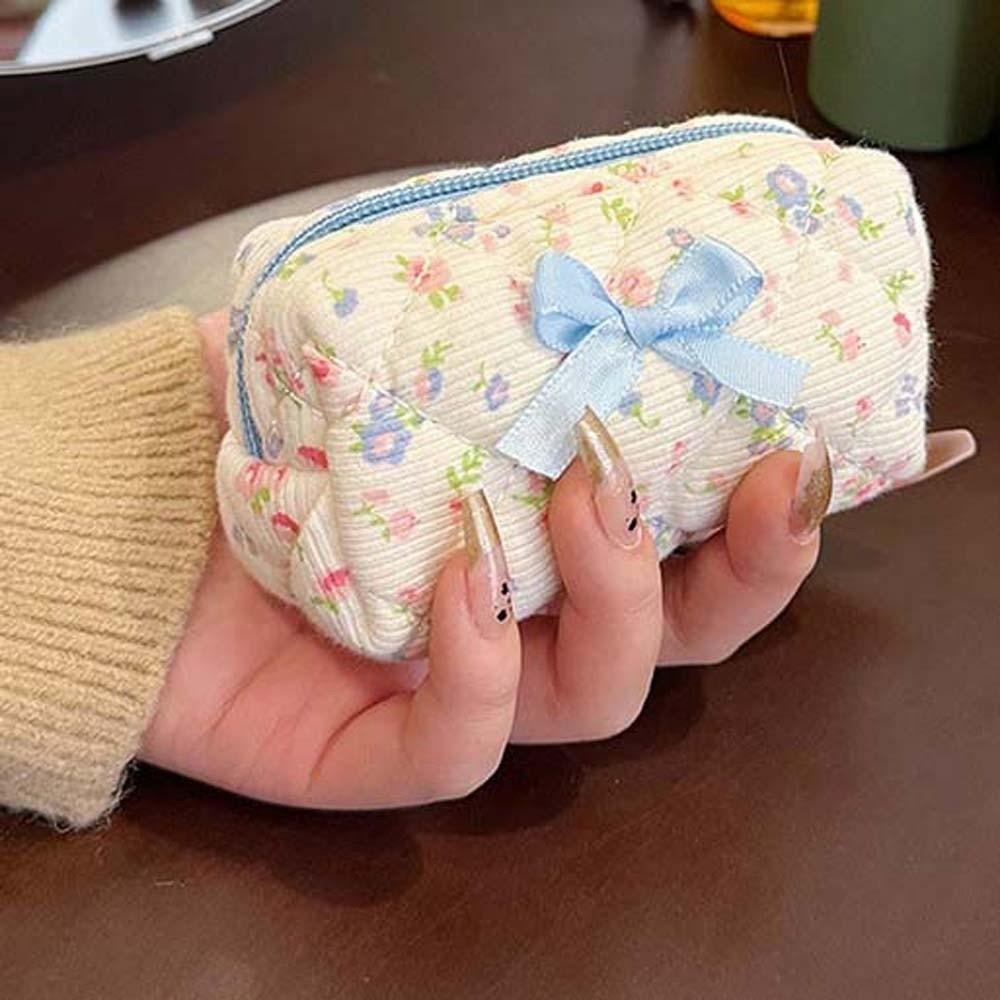 Embroidered Bowknot Quilted Cosmetic Pouch Floral Print Small Coin Purse Teenage Girls