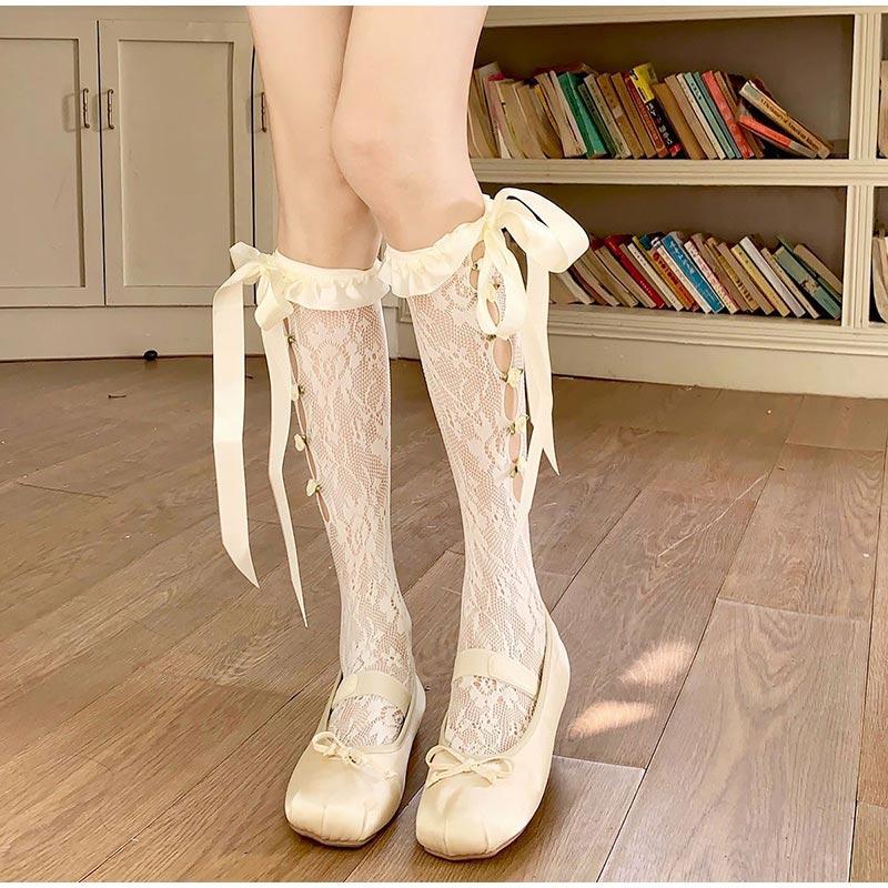 Women Elegant Loose Mesh Over the Calf Sock Aesthetic Dots Sheer Lace Middle Tube Socks