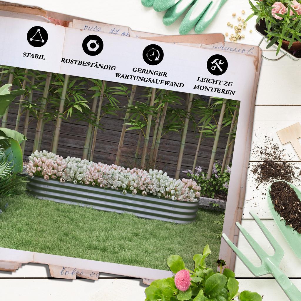 Galvanised Raised Garden Bed, Metal Planter Box with Safety Edging, for Flowers, Herbs, Succulents, Silver