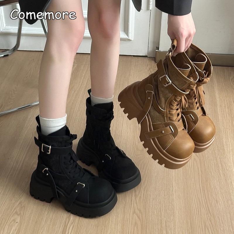 Matte Patent Leather Lace Up Fashion Boots Women Shoes New Retro Motorcycle Short Boots Thick Bottom Work Boots