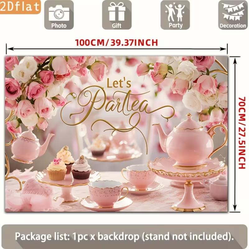 2D Let's Partea Photography Backdrop Elegant Pink Teapot and Rose Tea Party Background