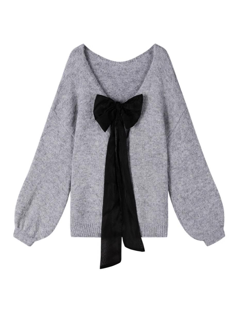 

Серый трикотажный свитер-пуловер с бантом в корейском стиле: Модный, Стройнящий, Уличный Стиль для Осенних Женщин One Size серый