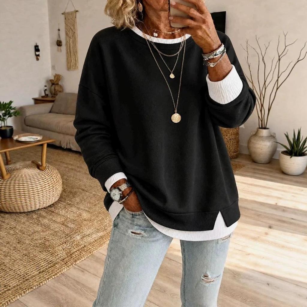 2026 Women's Stylish Slimming Ribbed Two-Piece Look Slit Round Neck Long Sleeve Casual Pullover Sweatshirt