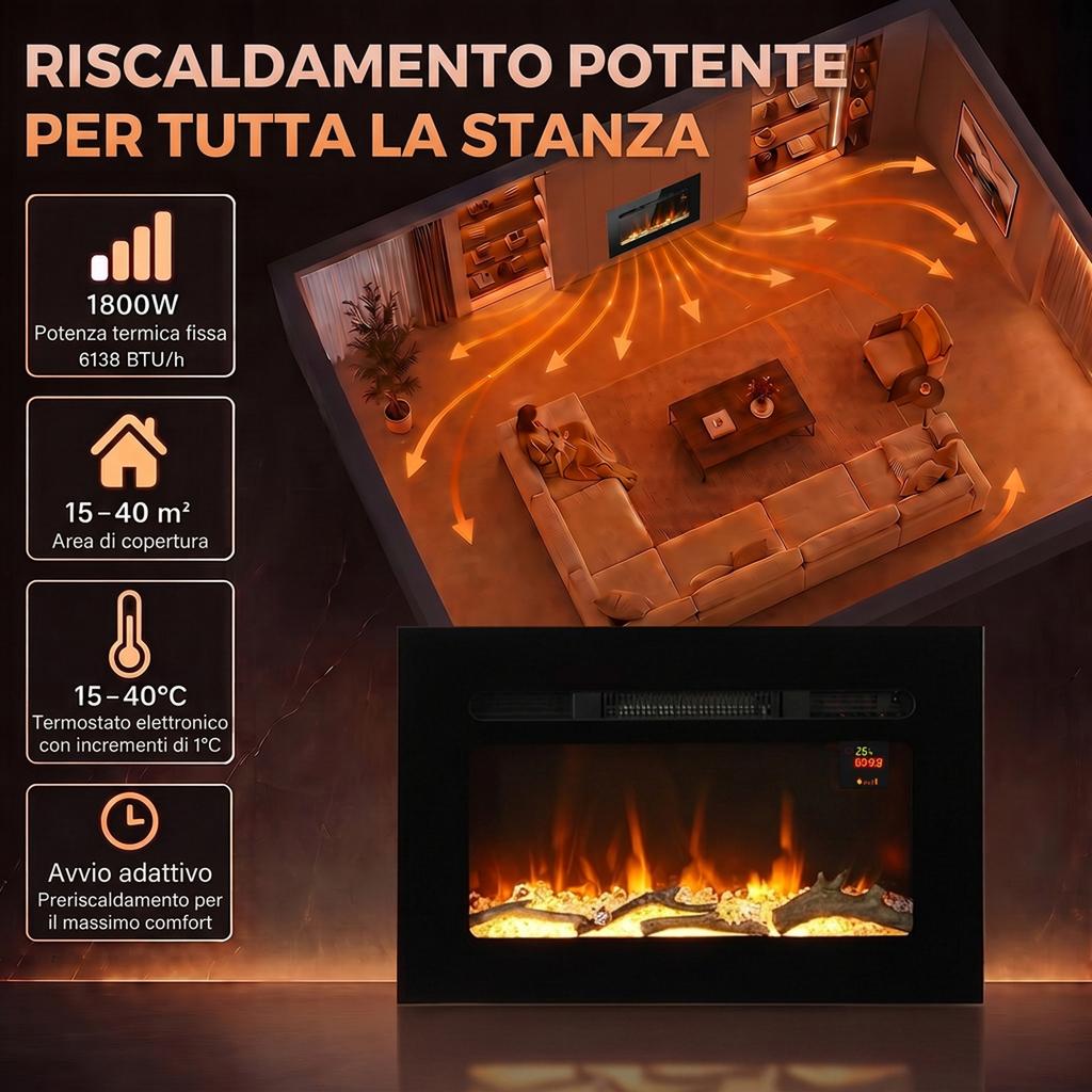 Electric Fireplace 60 cm Built-in or Wall Mounted, 1800W, 24-Hour Timer, Adjustable Flame, Crystals