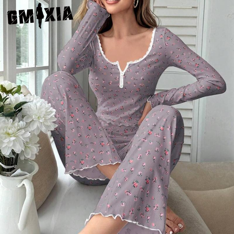 

GMXIA Women s Long Sleeve V-Neck Pajamas Small Floral Print Lettuce Rolled Pants Loungewear Set XL ритм кольору