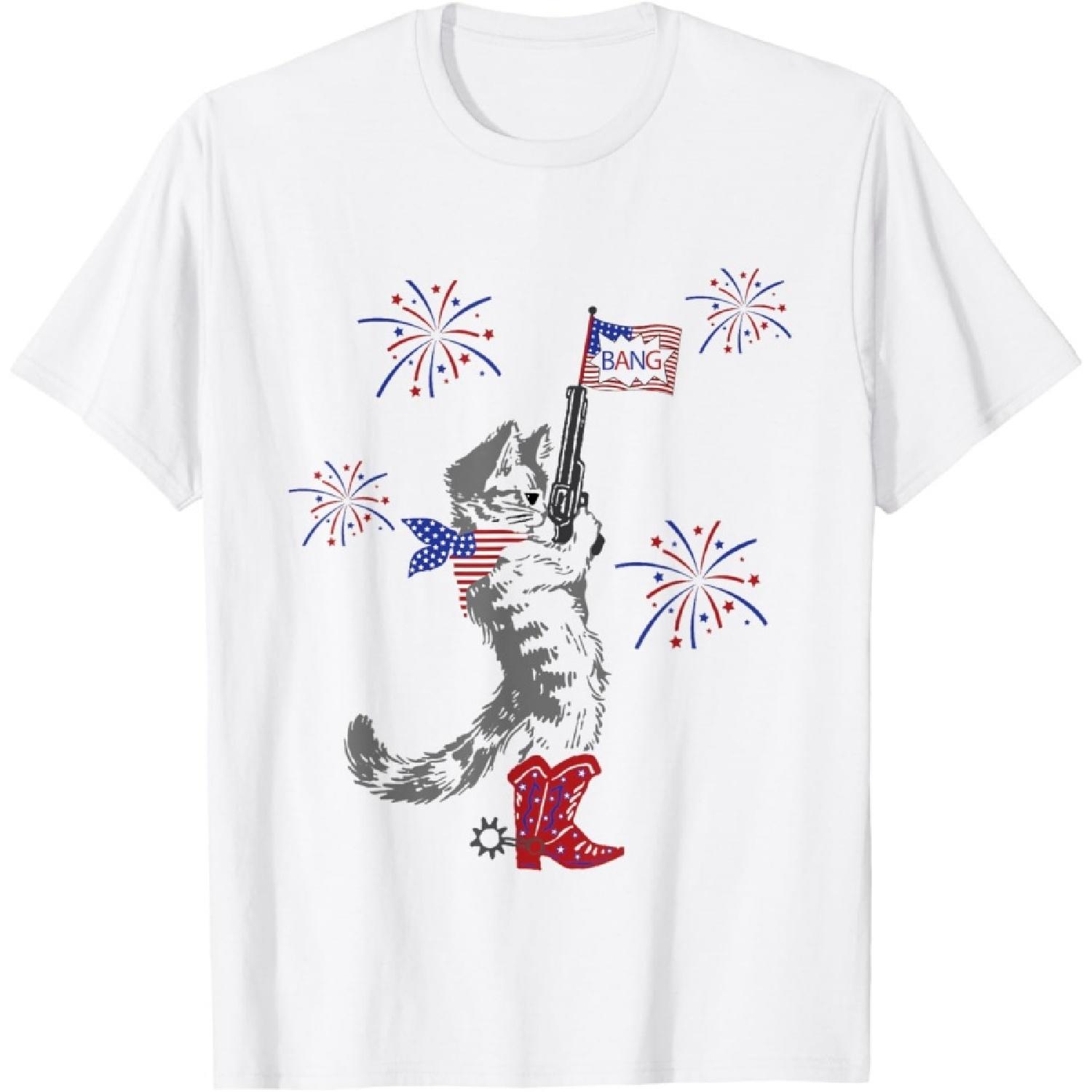 Patriotic Cat Fireworks Western Cowboy Boots Cat Bang Flag T-Shirt XXXXXL белый