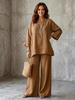 European & American Style Women's Cotton Linen Blend Shirt and Wide Leg Pants Set