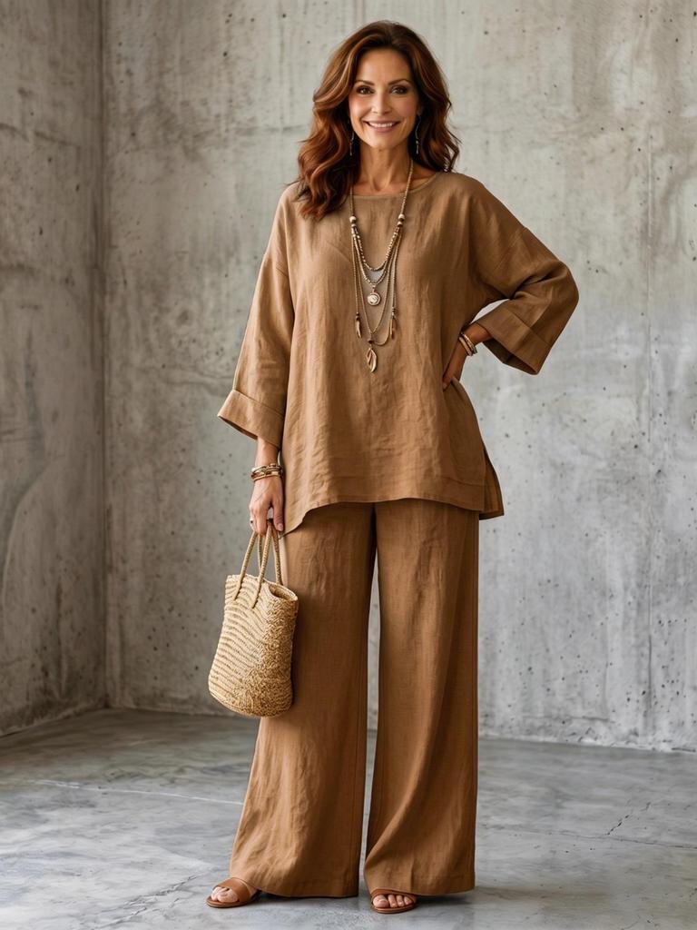 European & American Style Women's Cotton Linen Blend Shirt and Wide Leg Pants Set