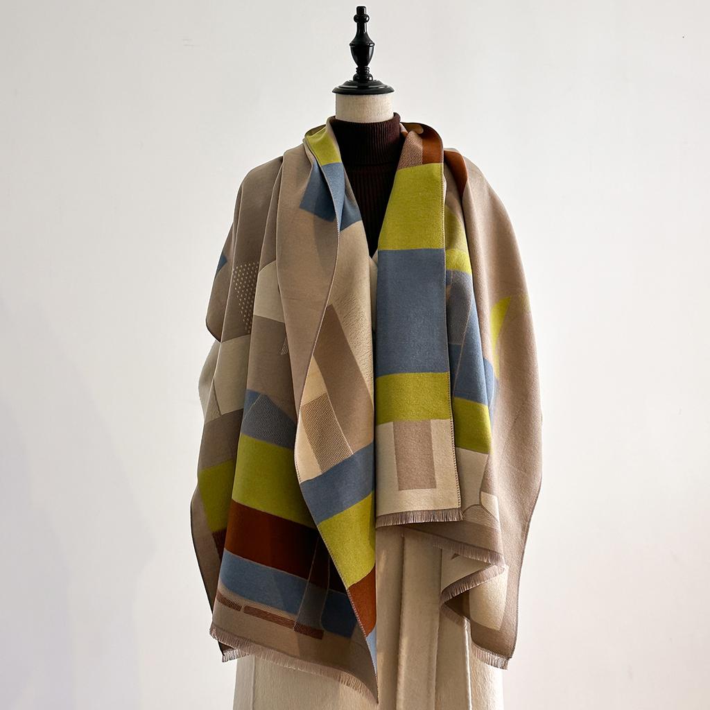 Luxuriöser Winterschal für Damen Faux-Kaschmir Warm Geometrischer Katzen-Print Pashmina Dick Weich Stola Wickeltuch Damenmarke Foulard Bufanda