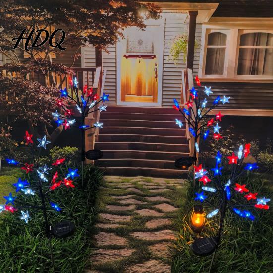 Solar Star Stake Lights 4th of July Garden Lights Red White Blue Outdoor Powered Decorations String Waterproof Flexible Design Patriotic Flag
