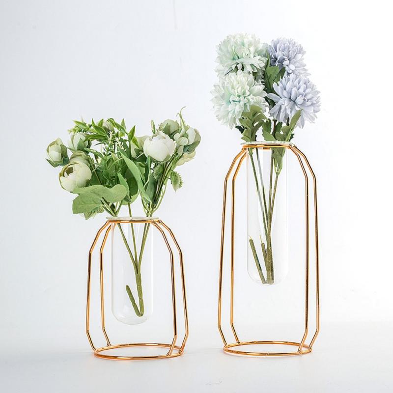 Decorative Floral Plants Container Nordic Hydroponic Vase with Glass Tube Stainless Steel Hanging Flower Vase Tabletop Ornaments