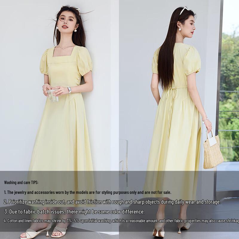 VICTORIA&VERA Women's French Square Neck Puff Sleeve Midi Dress