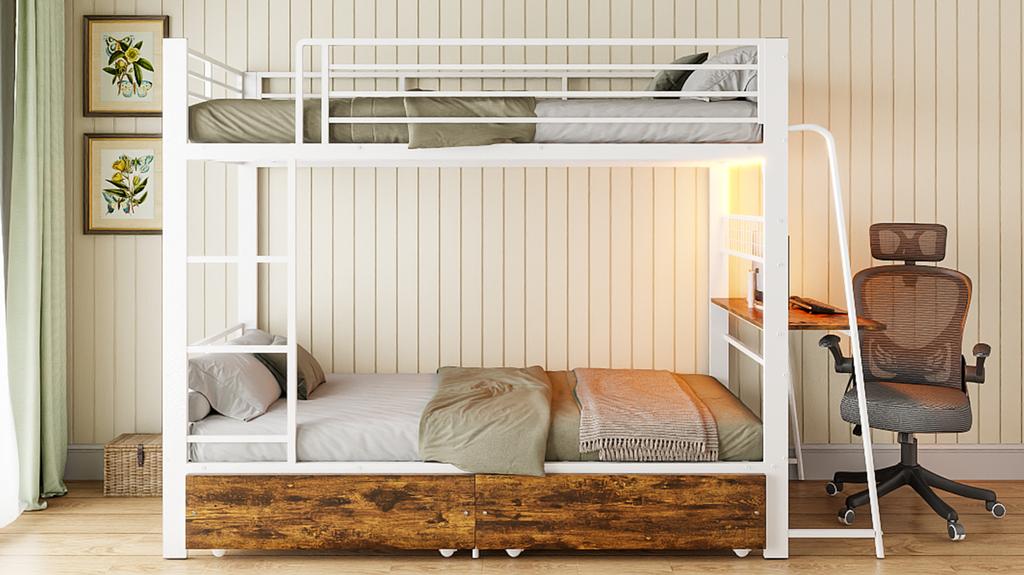 White Bunk Bed 90x200 Cm with Desk, LED Lighting and Storage Drawer, EN747 Certified, 250 Kg Per Level