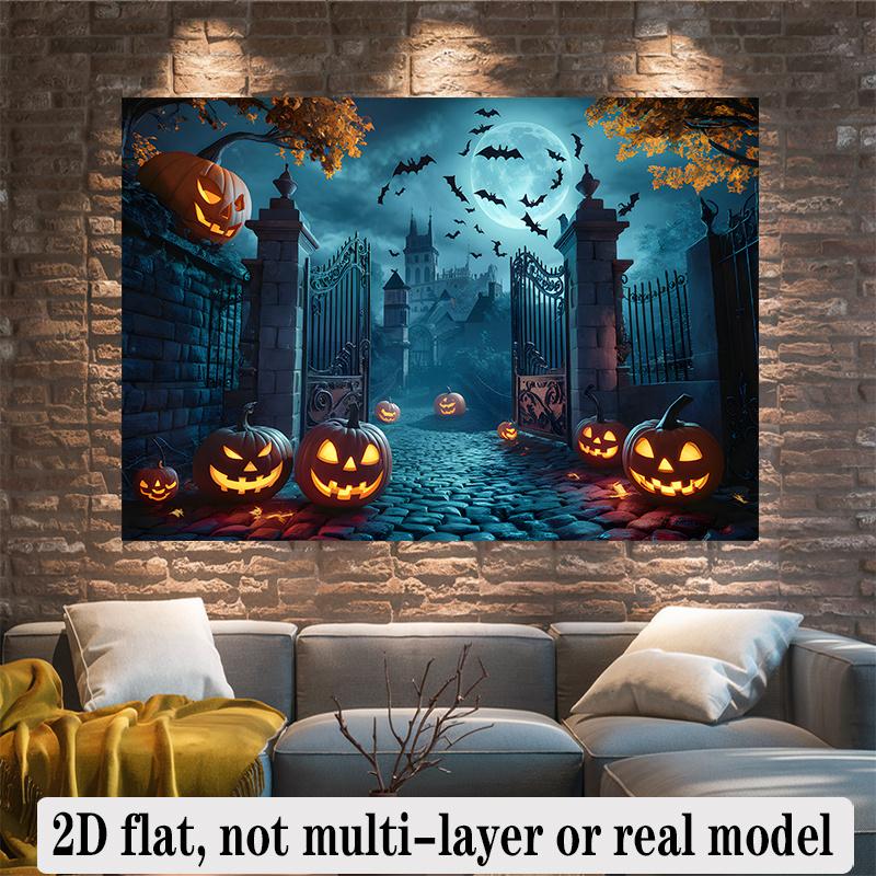 One full moon and bat cemetery scene banner - 2D flat polyester Halloween decoration home party backdrop fabric.PMJ