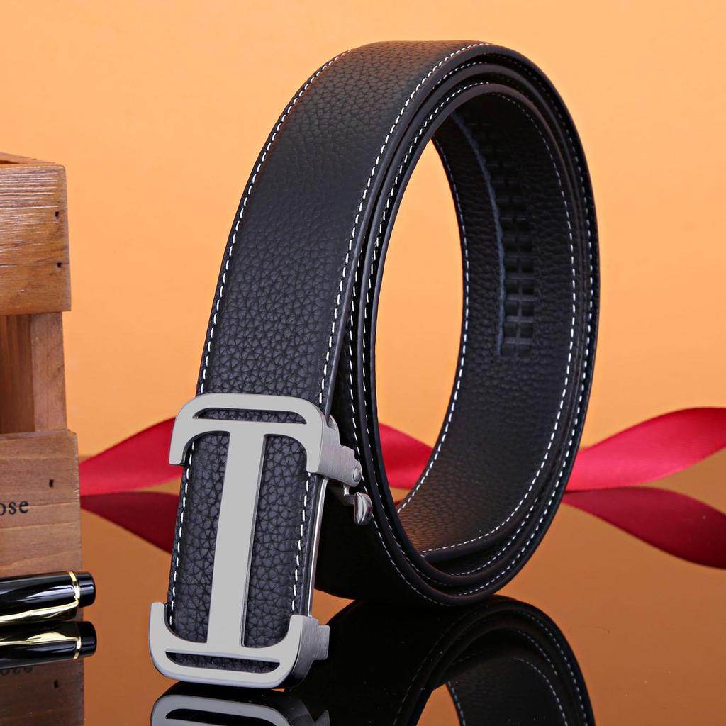 Men's Automatic Buckle Stainless Steel Belt, Genuine Leather Cowhide, Youth Versatile Casual Design