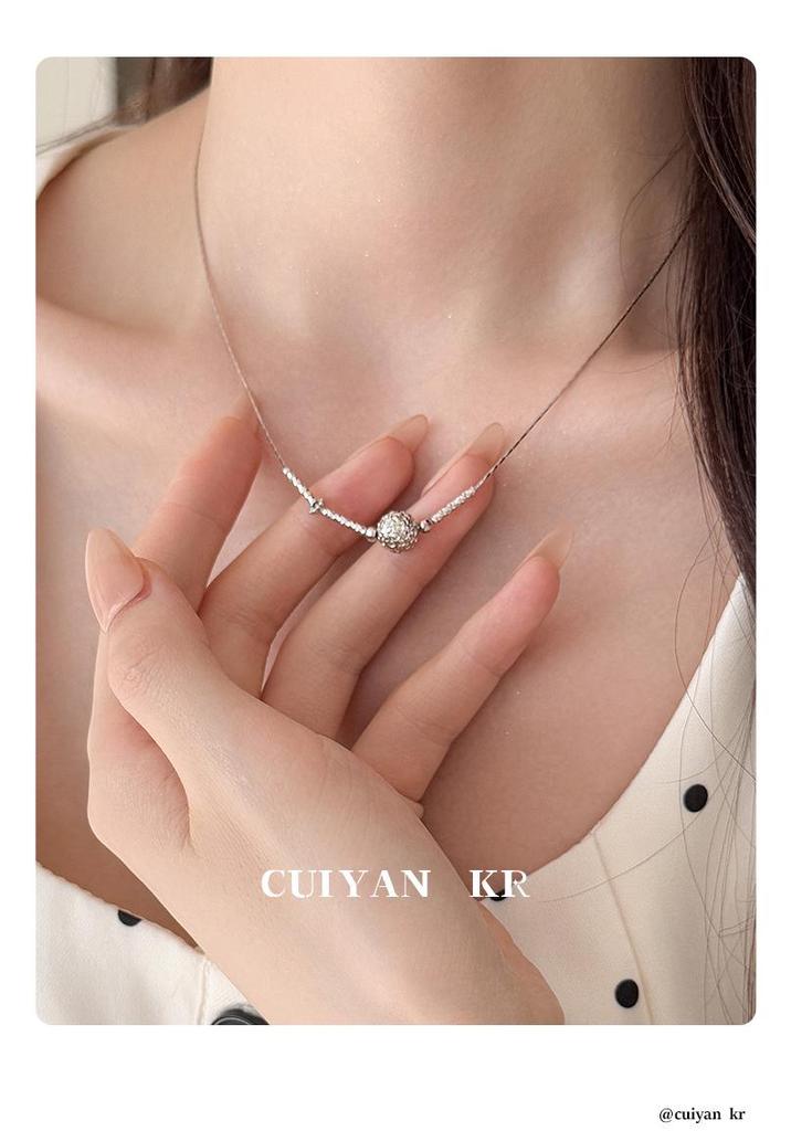 Cui Yan S925 Sterling Silver Korean-Style Carved Bead Necklace for Women - Simple, Everyday Choker.