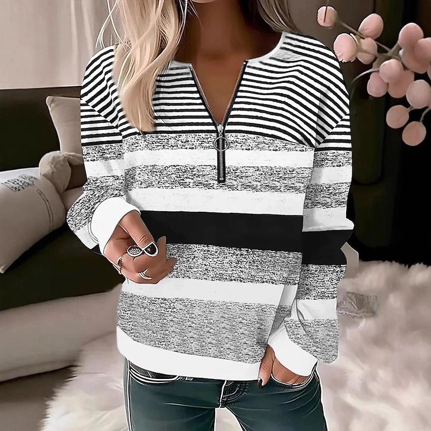 Autumn Winter Striped Printed Women's Long Sleeved T-Shirts Geometry Zipper V-Neck Woman Tops Loose Casual Plus Size Clothes 5XL