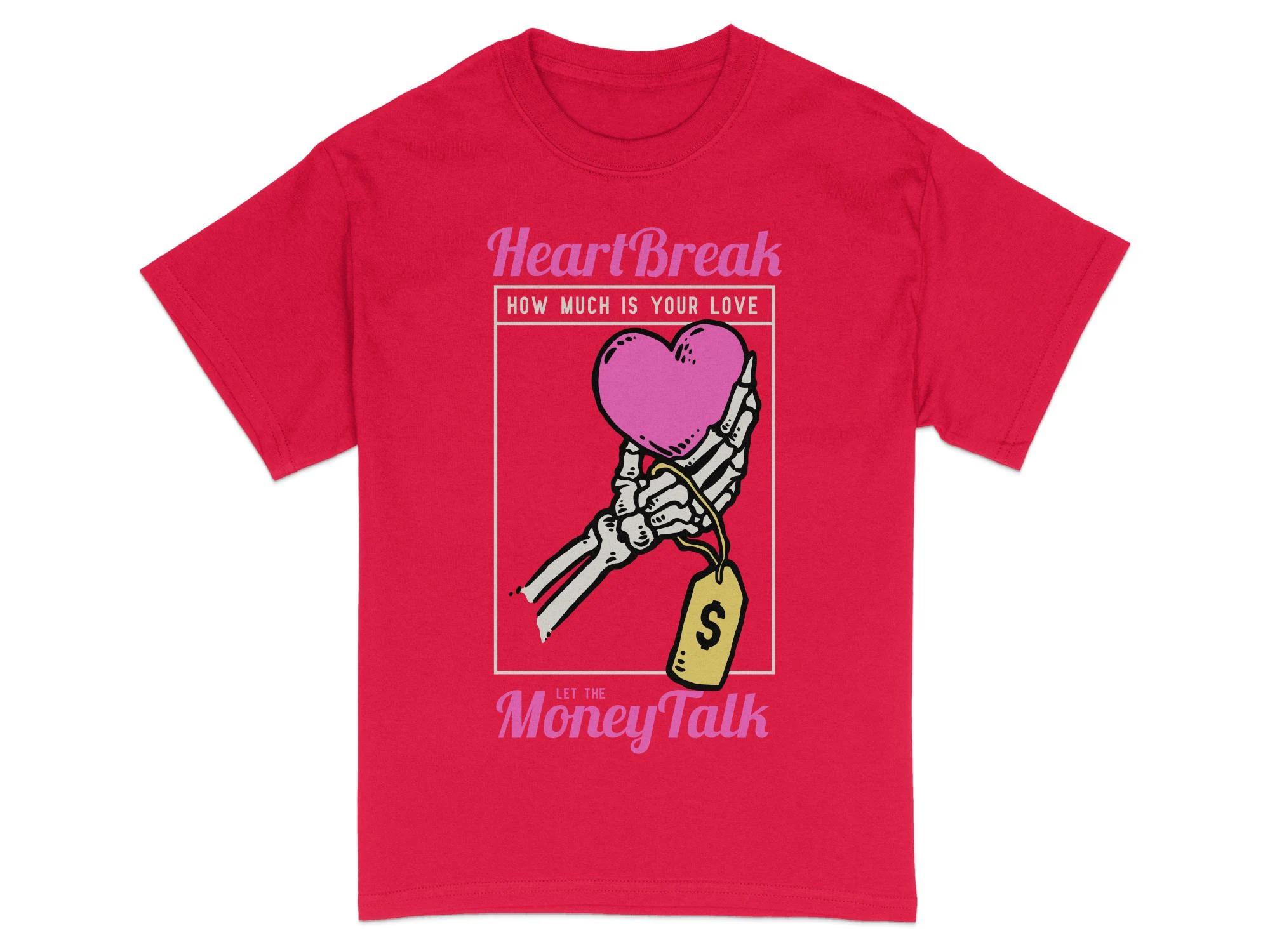 HOT SALE Heartbreak Money Talk T-shirt Skeletal Hand-in-hand Heart Design Stylish Pink Heart Tee Unique Graphic Fashion Tee S