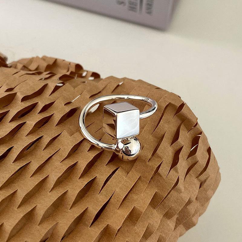 S925 Silver Irregular Geometric Ring: Round Ball & Square Design, Open & Adjustable for Women’s Index Finger