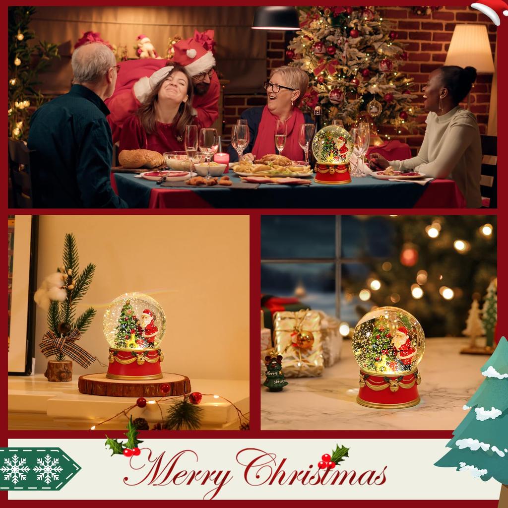 Lewondr Snow Globe with Santa and Christmas LED Christmas Home Room Christmas Santa Decorating the Christmas Red Tree, Built-in Lights, Object, Decor,