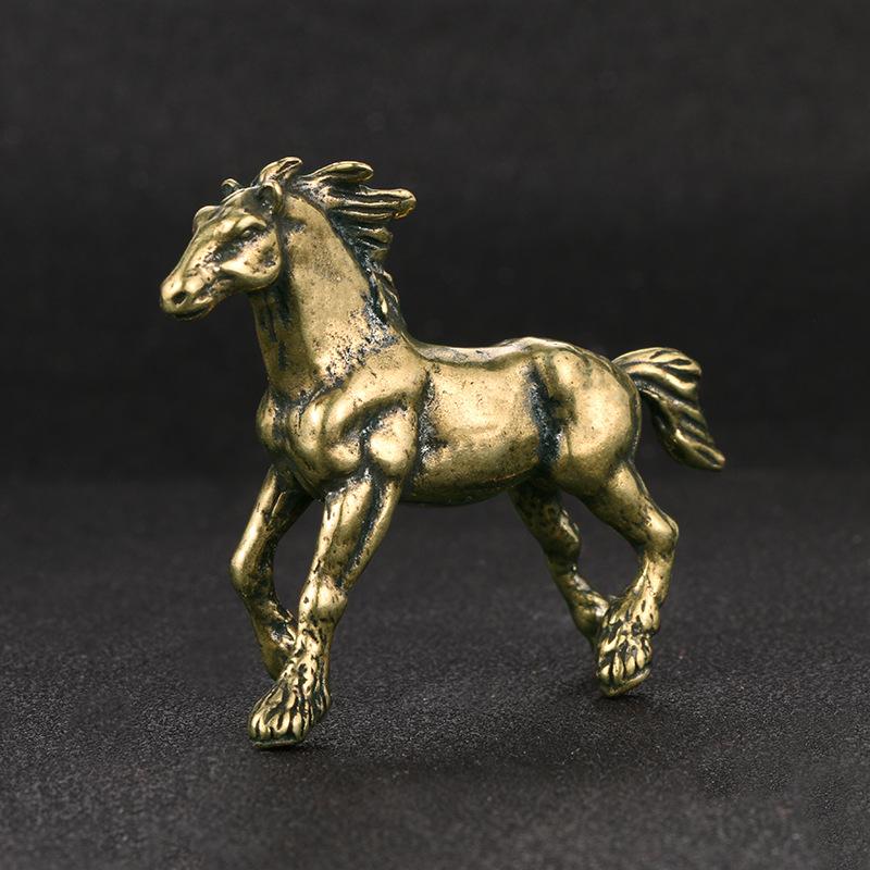 Solid Brass War Horse Small Statue Vintage Desk Ornament Zodiac Animals Figurines Miniatures Tea Pet Home Decorations Crafts