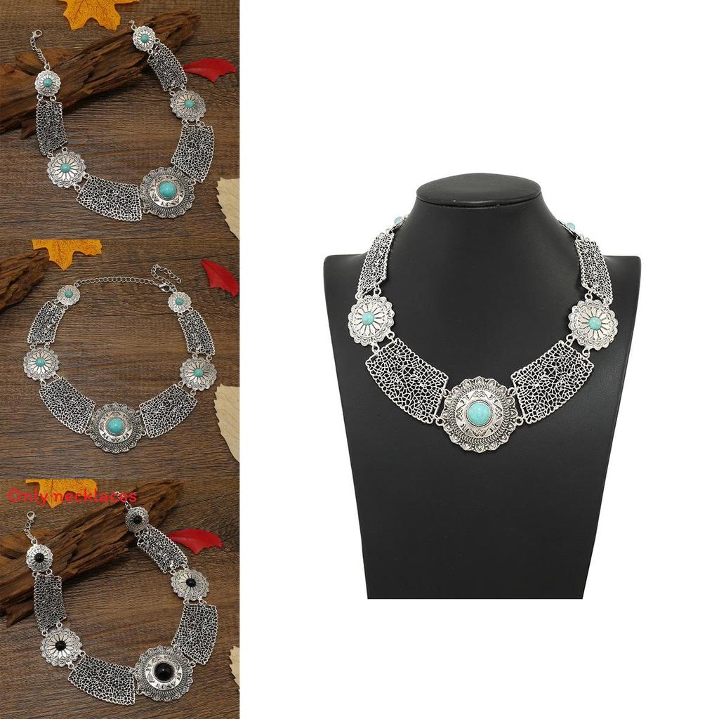 Ethnic Style Simulation Gemstone Decoration Hollow Design Women Metal Necklace For Special Occasion