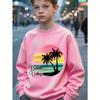 Kids Unisex Crewneck Sweatshirt, Beach Vibes Watercolor Sunset Palm Tree Print Long Sleeve Pullover, Soft Sweatshirt for Boys Girls Over 4 Years Old