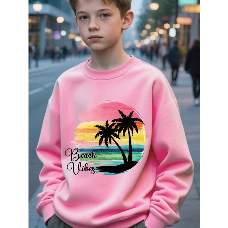 Kids Unisex Crewneck Sweatshirt, Beach Vibes Watercolor Sunset Palm Tree Print Long Sleeve Pullover, Soft Sweatshirt for Boys Girls Over 4 Years Old