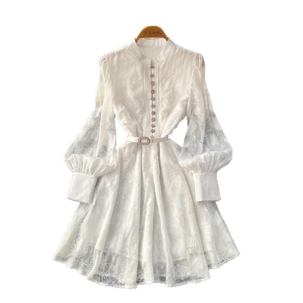 Französischer Stil Hoflaternenärmel Stickerei Kleid Damen Frühling Sommer Taille Ausgeschnitten Einreiher A-Linien-Rock Elegant