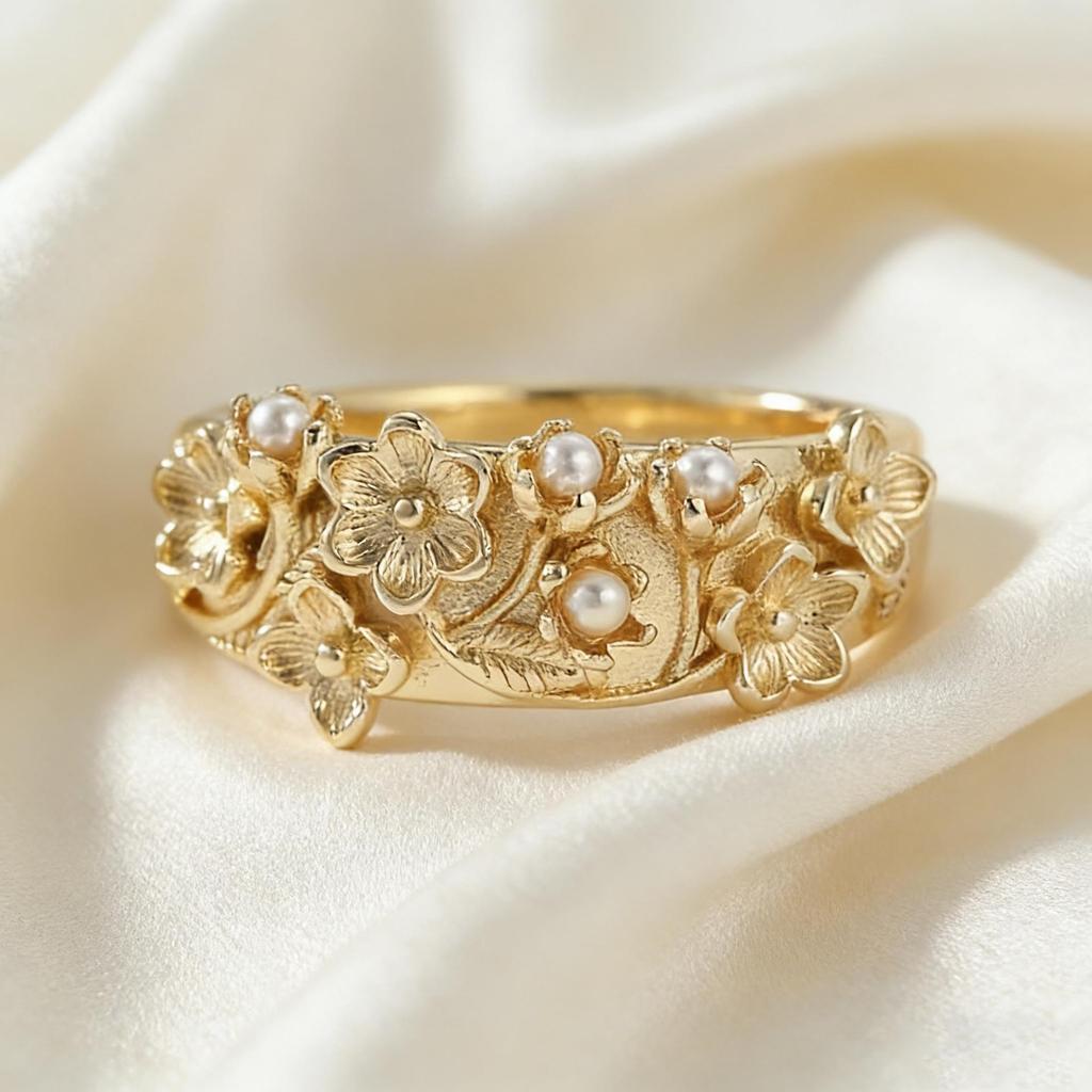 Yanbai Women's Faux Pearl Rose Flower Ring - Vintage Elegant Style