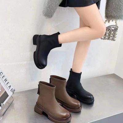 Real Leather Martin Boots for Women's Autumn and Winter New Style British Style Versatile Thick Heel Short Tube Elastic Single Boot