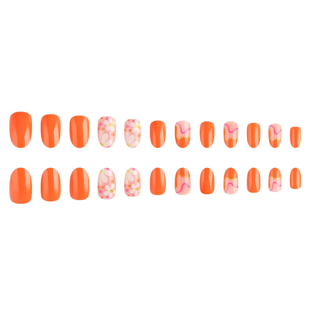 24-teilige glänzend goldene Glitzer-Pünktchen-Blumen-Falschnägel - Kurzes ovales Design