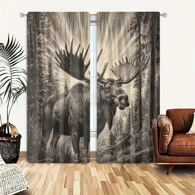 Retro Elk Print Curtains   Christmas Decorations   Bedroom and Living Room   Home Decoration   Room Decoration
