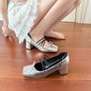 French retro color matching square head thick heel Mary Jane shoes female high heel fairy ballet shoes cross strap silver single shoes