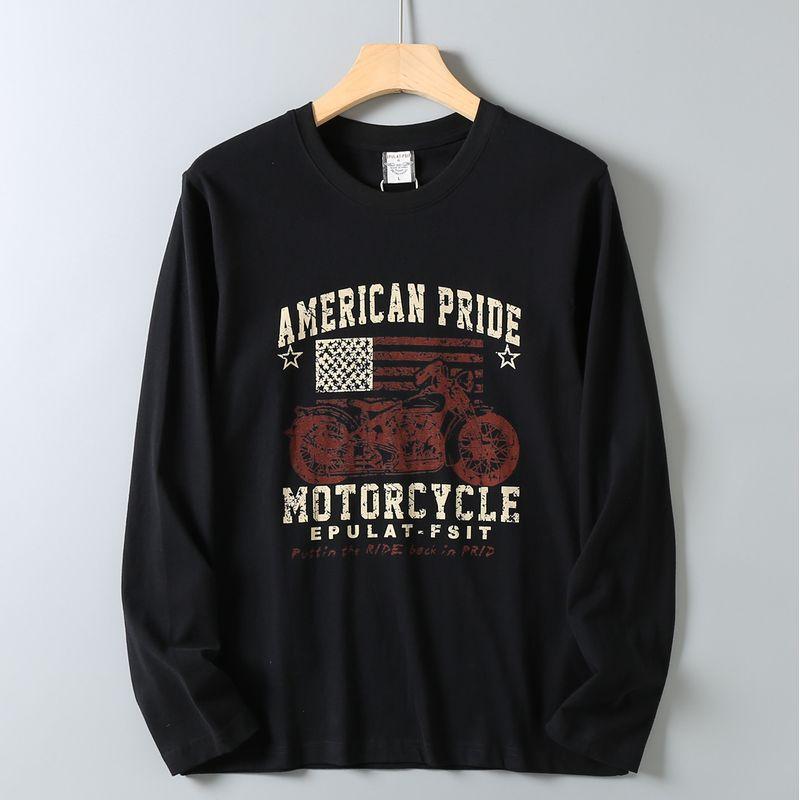 Original Foreign Trade Autumn and Winter Casual American Retro Print Simple Washed Loose Round Neck Long Sleeve T-Shirt Base Shirt for Men