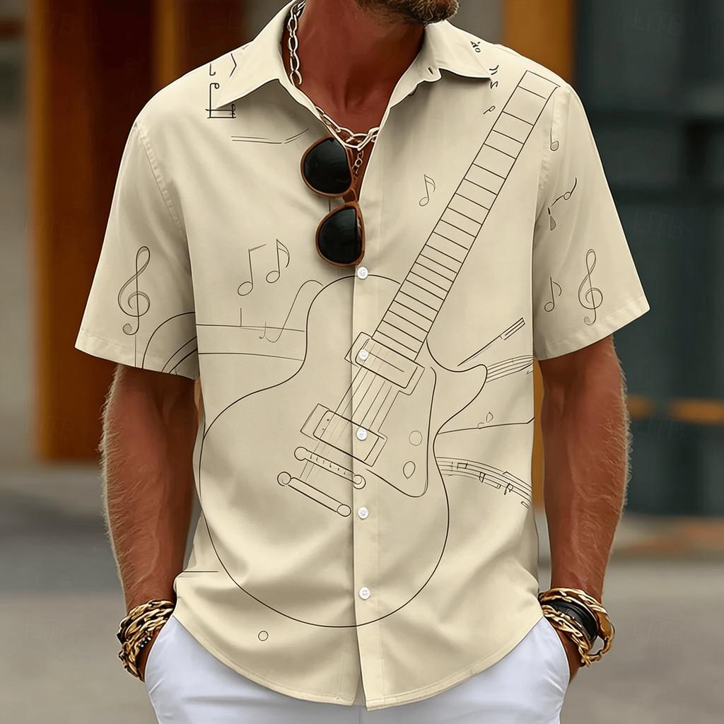 Herren Vintage Skizze Gitarrenprint Hemd, Musiknoten Design, Lässiger Sommerstil