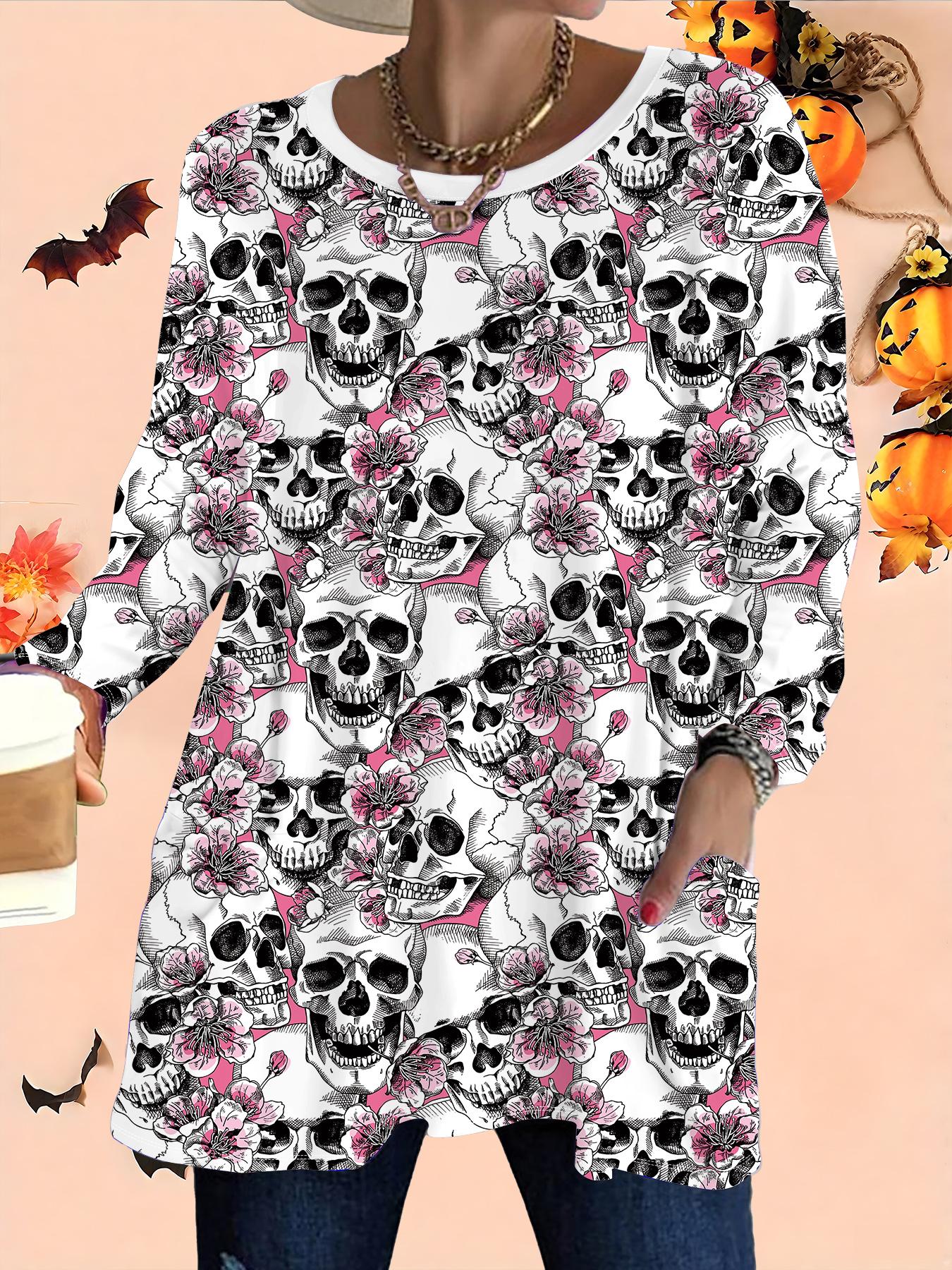 

2025 Осень Зима Новые Женские Топы Большого Размера, Модные Футболки с 3D-принтом на Хэллоуин с Круглым Вырезом и Длинным Рукавом 6XL розовый