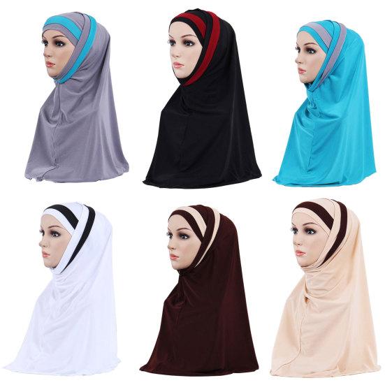 Women Color Block Muslim Soft Hijab Wrap Polyester Islamic Scarf Cap Headwear