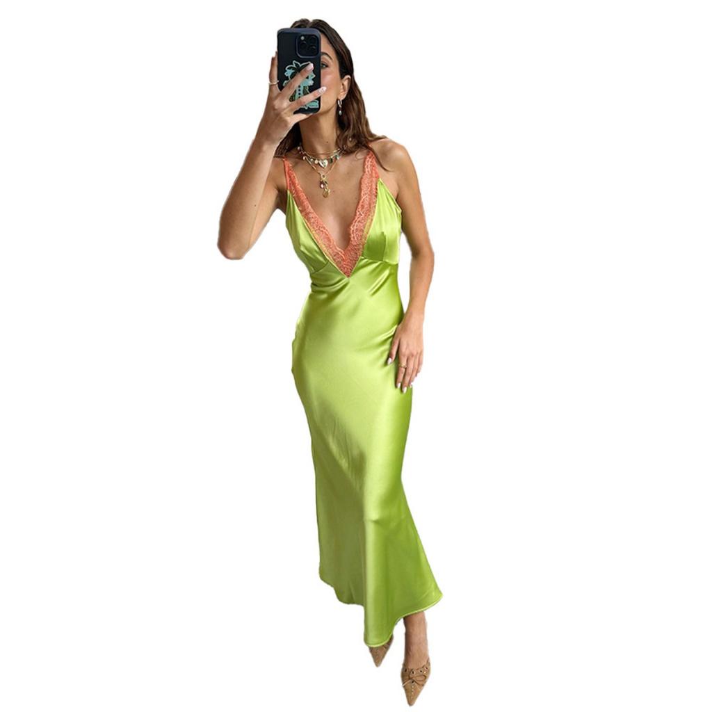 Summer New European American Style Sexy V-neck Lace Spaghetti Strap Dress with Lace Trim