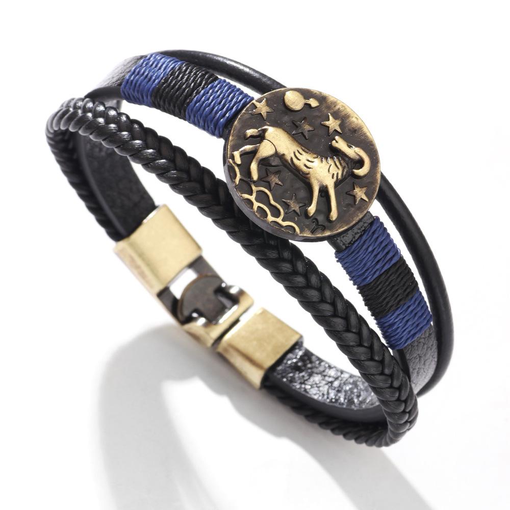JMXD 12 Zodiac Punk Style Studded Leather Bracelet Hand-Woven Rope Zodiac Band Fashion Accessory Unisex Gift