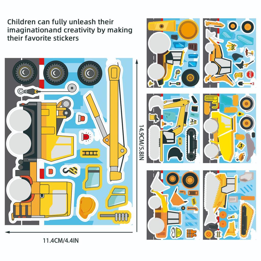 16Pcs Cartoon Engineering Car Puzzle Stickers Luggage Make A Face Notebook Puzzle Stationery Diy Stic