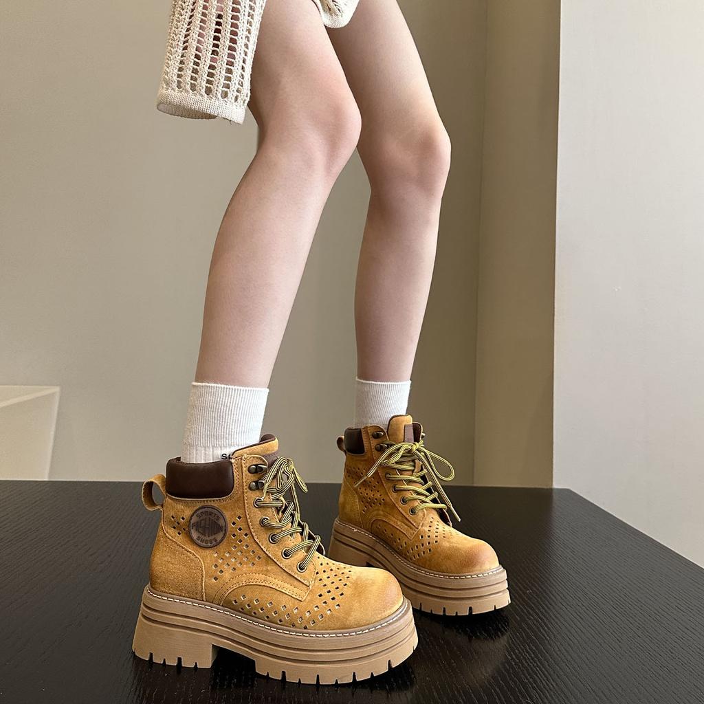 Thick-soled hollowed-out lace-up Martin boots for women's 2025 autumn new fashionable versatile small height-increasing casual short boots