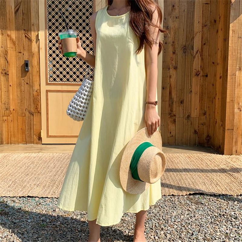 Women's Cotton and Linen Dress Summer Medium and Long Thin Sleeveless Vest Skirt Long Dress