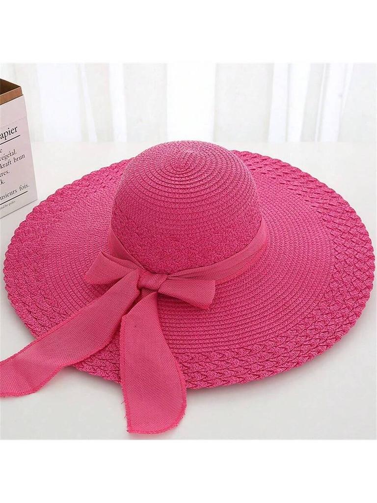 Women Wide Brim Straw Sun Hat With Bow Beach Travel Summer Hat