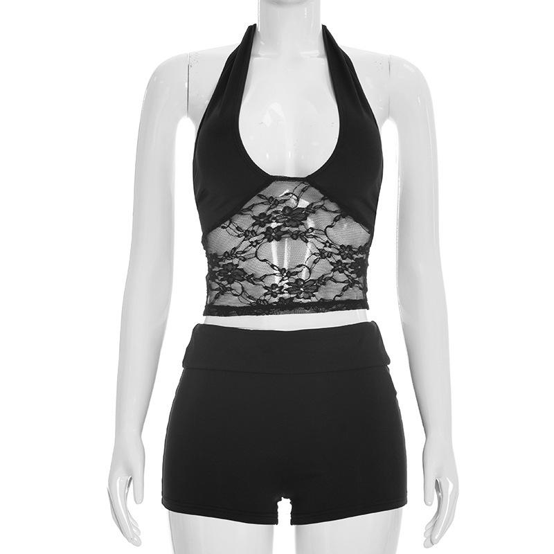 European-Style Lace Patchwork Halter Tie Backless Top & Shorts Set for Women Medium