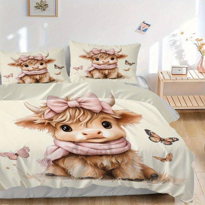 3pcs Cow Butterfly Bedding Set Down Comforter Cover and Pillowcases, Suitable for All Seasons(No Insert)-0729039