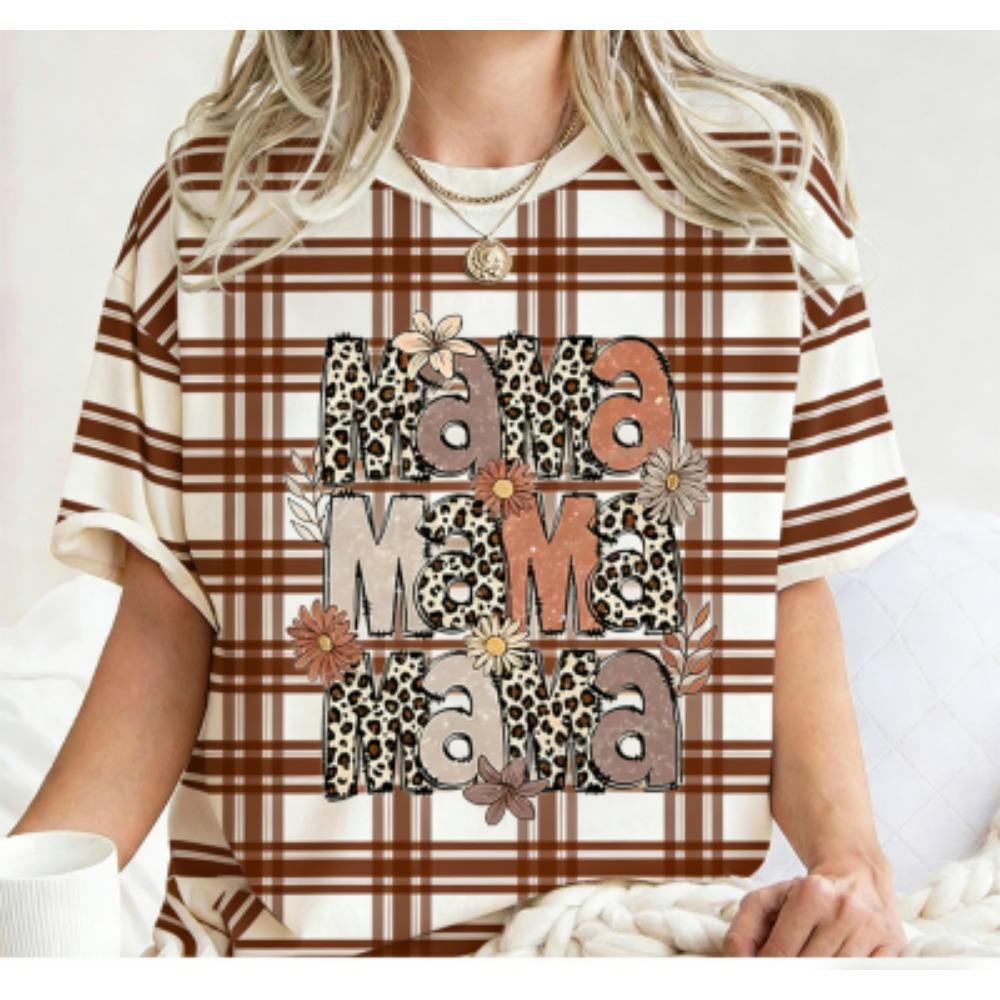 Funny Grid Stripe Leopard Mama Print Women's Short Sleeves T-Shirt Loose Casual Summer Outdoor Street Women's Tees Tops
