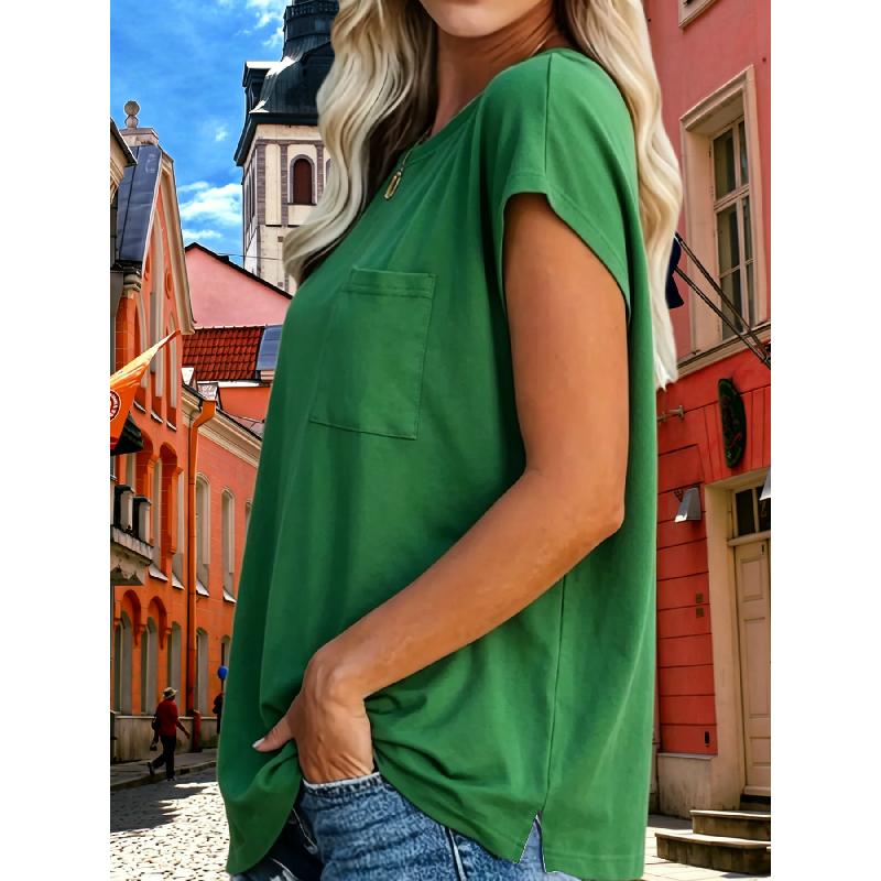 2026 Summer New Women's Solid Color Round Neck Pocket T-Shirt, Loose Casual Side Slit Short Sleeve