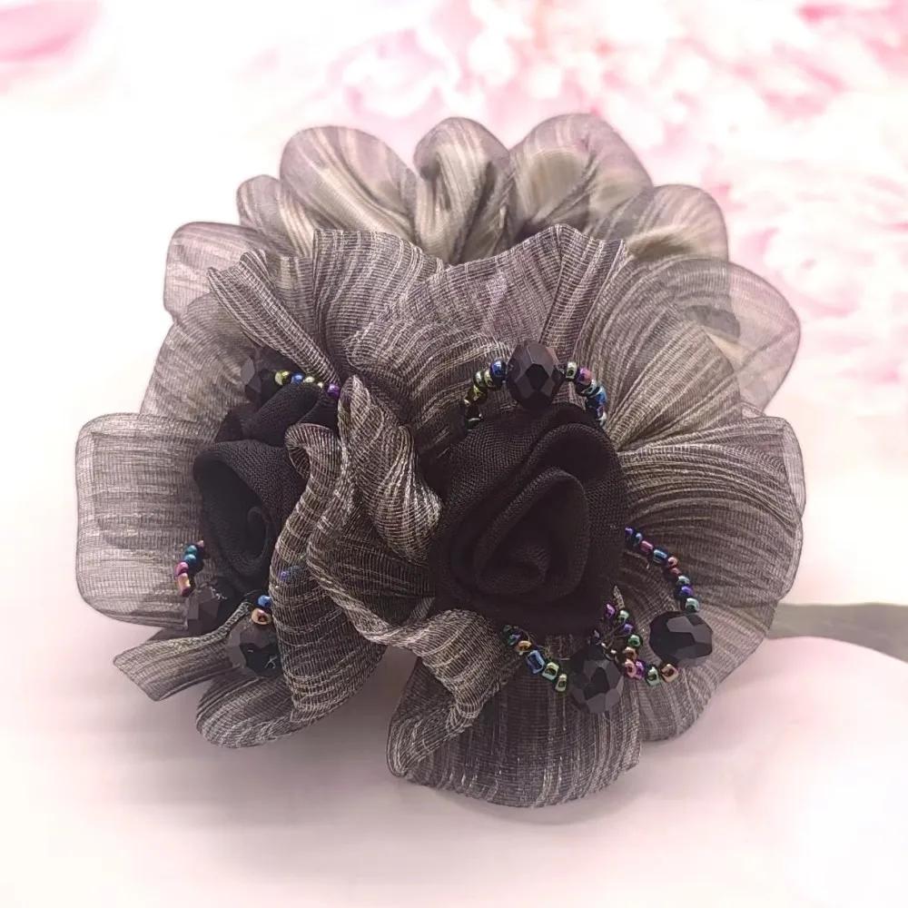 Gummiband Huvudsmycke Blomma Hårrep Elegant Kvinna Uppfrisyr Hästsvans Elastisk Stor Scrunchie Håraccessoarer för Kvinnor